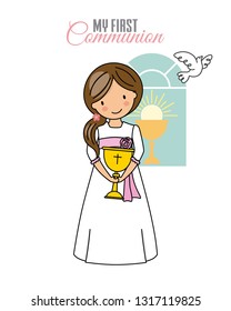 Girl communion card. Girl with a chalice inside the church