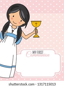 Girl communion card. Child with a chalice. Space for text