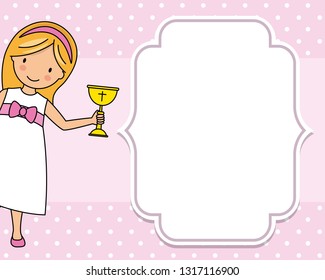 Girl communion card. Child with a chalice. Space for text