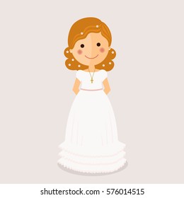 Girl communion with curly hair on ochre background