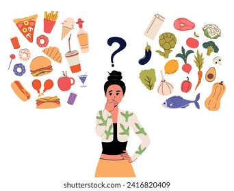 La chica compara la comida saludable y rápida en su cabeza. Reflexiones sobre comida fresca y comida chatarra. Ilustración vectorial. Dieta. Concepto de comida fresca orgánica y equilibrada.Menú. Plan de comidas. Snacks