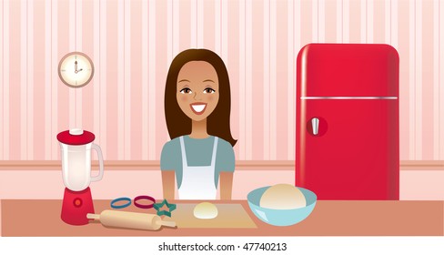 Girl in complete kitchen with red fridge, blender, dough, clock on the wall,