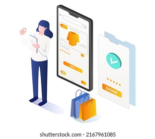 Girl completes the order isometric illustration