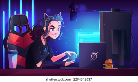 Girl computer gamer character cartoon vector background. Woman play online game in neon room with professional equipment for streaming video with microphone. Streamer workplace with desk and laptop