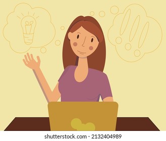 The girl at the computer had an idea. Vector illustration