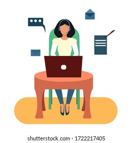 Girl at the computer in headphones with a microphone serves customers, vector illustration