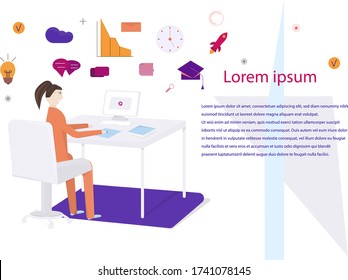 girl at the computer learns online and learning icons