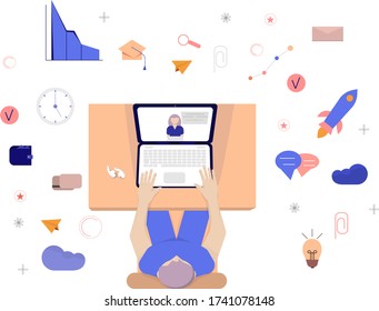 chica en la computadora aprende iconos en línea y de aprendizaje