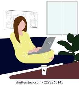 una chica con una computadora aprende a trabajar en línea 
