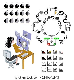 The girl at the computer models the interface. Growth charts and percentage sectors. Set of icons in the form of a gear. Application design symbols.