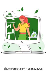 Girl in a computer monitor says no to plastic on a green background with white shelves. Environmentally friendly production and shopping. People refuse packages harmful to environment. A bag of apples