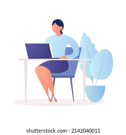 Girl at the computer, office worker, flat illustration