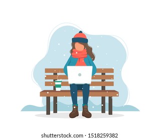 Girl with computer on bench in winter with coffee. Cute vector illustration in flat style
