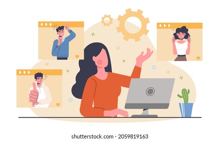 Girl at computer reads positive reviews. People rate blogger, like. Social media concept, internet communication, network, compliments. Cartoon flat vector illustration isolated on white background