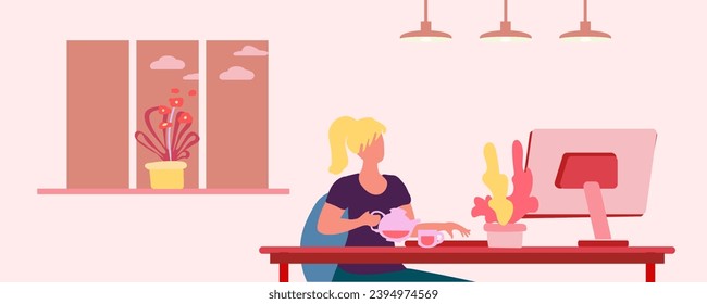 Girl at the computer. Remote work concept. Remote work for a freelancer. Interior, evening, lighting, lamps, indoor plants, window, clouds, evening. Cartoon flat vector illustration.