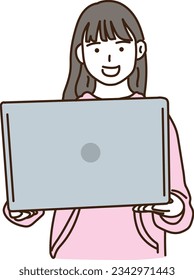 Girl with a computer with a smile
