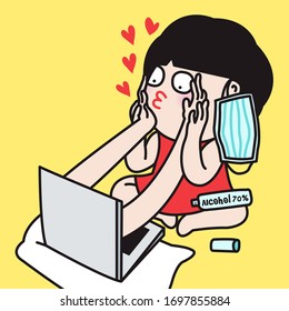 Chica En La Computadora Con Manos Táctiles Suaves En La Cara. Pantalla De La Pantalla De La Portátil. Símbolo de Internet Larga Distancia Amor a la difusión lenta Virus Concept Card Caracteres