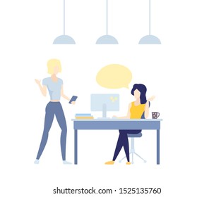 girl at computer speaking with colleague