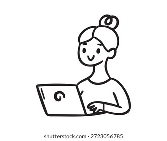 Girl at computer studying, doodle character for online class and homework, hand drawn Monochrome line art outline, clean contour style, hand drawn.. Vector illustration.