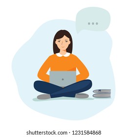 Girl with a computer studying at home. Vector illustration in flat style. A person works as a freelancer.