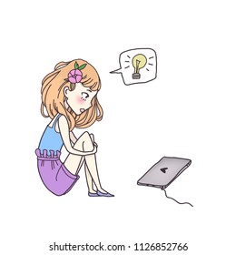 Girl with a computer. Vector illustration.