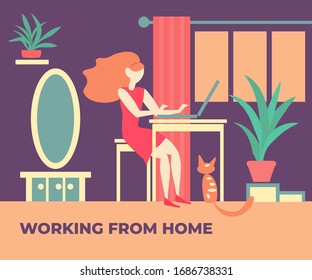 Girl at the computer. Work at home. Vector color illustration.