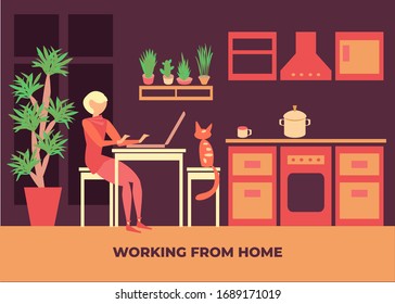 Girl at the computer. Work at home. Vector color illustration.