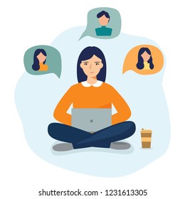 The girl with the computer, working and learning at home. Online communication of a group of people. Vector illustration in flat style for printing.
