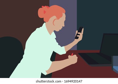 Girl at the computer. Workplace. Vector color illustration.