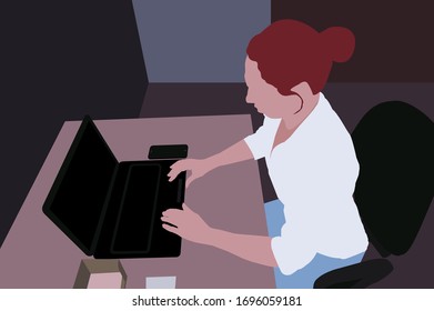 Girl at the computer. Workplace. Vector color illustration.