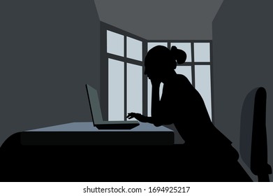 Girl at the computer. Workplace. Vector illustration in gray-black tones.