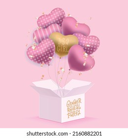 It's a girl concept. 3d Pink Balloons flying out of the open gift box. Rose helium flying baloons on pink background. Vector surprise design for Gender reveal party