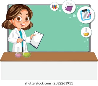 Girl conducting experiments with colorful chemicals