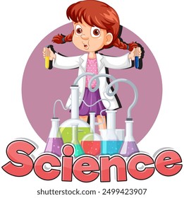 Girl conducting science experiments with colorful beakers