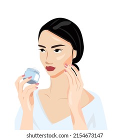A girl conducts cosmetic procedures. A woman holds a cream in her hand and applies it to her face. Thanks to the procedures and self-care. Illustration of Beauty cosmetics. The concept of skin care