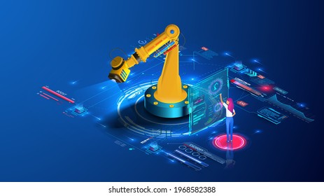 The Girl Conducts Industrial Maintenance Of The Mechanized Arm. Factory Automated Manual Repair Of Machine Tools. The Worker Programs On The Task Dashboard. Robotics Expert Flat Vector Illustration