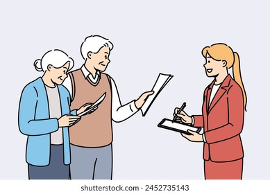 Girl conducts survey of older people, issuing questionnaires to study quality of life after retirement. Gray-haired elderly man and woman consulting with pension fund lawyer giving financial advice