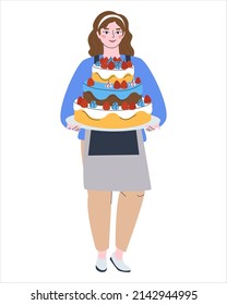 Girl confectioner stands with a cake. Home confectioner. Woman baker. Flat vector illustration. Eps10