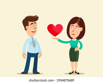 The girl confesses her love to a young guy. Couple in love is happy. Open your heart to your beloved. Vector illustration, flat design, cartoon style, isolated background.