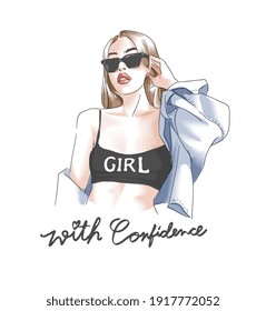 girl with confidence slogan with fashion girl hand drawn illustration