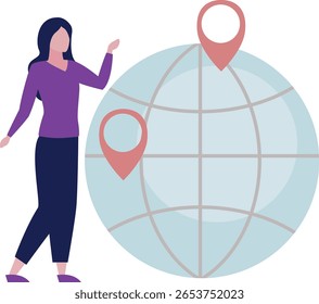 Uma garota apresenta com confiança pins de navegação mundial, simbolizando exploração, descoberta e conectividade global, incorporando curiosidade e aventura na exploração geográfica