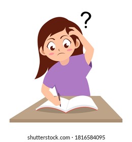 girl confused doing homework with question mark, cartoon vector illustration