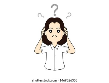 Girl is confused with question mark, I don't know, No idea concept, Cartoon vector illustration