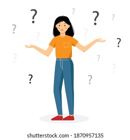 Girl confused with question mark isolated on a white background. Woman have a problem. The girl stands in full growth.
