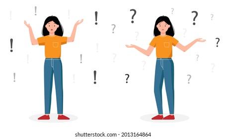 Girl confused with question mark isolated on a white background. Woman have a problem. The girl is surprised. Exclamation point. The girl stands in full growth. Vector flat illustration. 