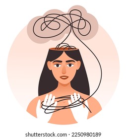 A girl with confused thoughts. Complex messy connected lines as concept of chaos solving. Vector illustration 
