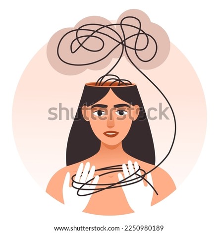 A girl with confused thoughts. Complex messy connected lines as concept of chaos solving. Vector illustration 
