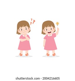 The girl was confused, wondered, had a problem, and tried to answer and The girl figured out the answer to the problem. illustration cartoon character vector design on white background.