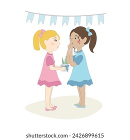 Girl congratulates her friend. Card. Holiday. Gift. Birthday. Cartoon character. Blue and pink dresses. Blond and brunette. Happy. Smile. Surprised. Plant. Party. 