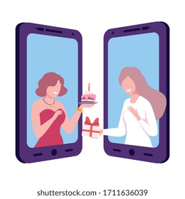 Girl Congratulating Her Girlfriend Happy Birthday Via Smartphone, Two Mobile Phones Facing Each Other, Flat Vector Illustration